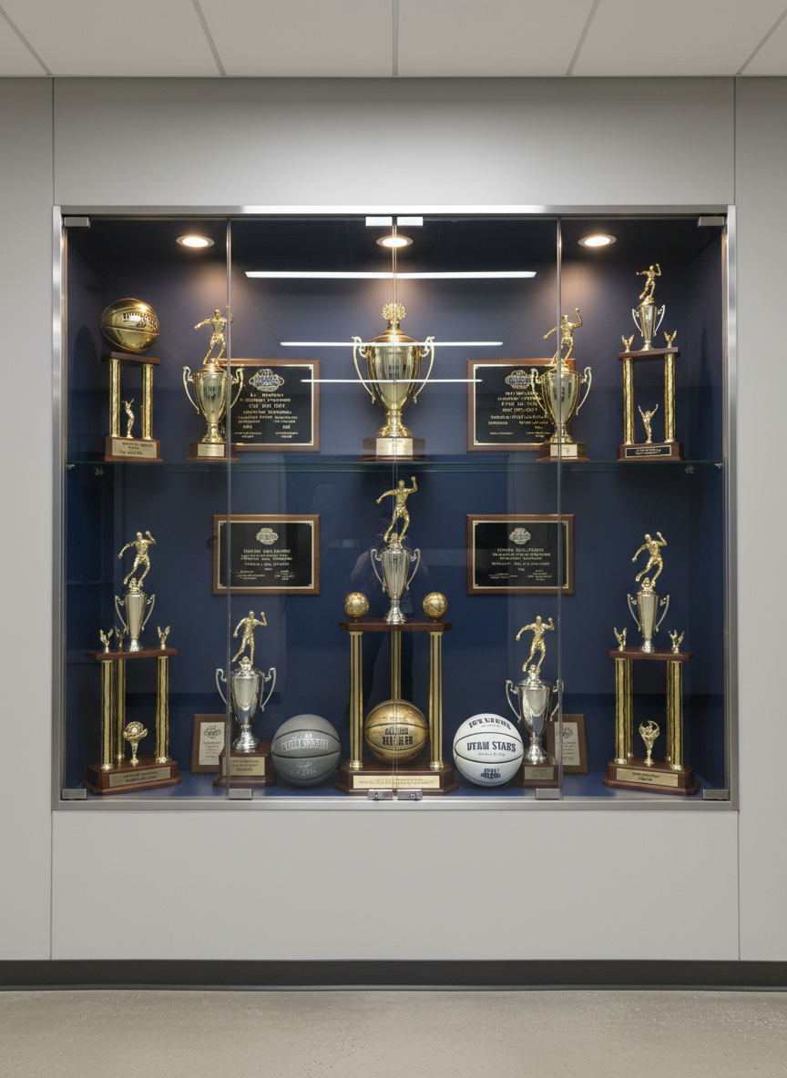 A close-up of a polished metal and glass trophy case embedded in a clean, modern hallway wall, filled with gleaming basketball trophies, commemorative balls, and engraved plaques honoring Utah State players’ collegiate and professional achievements. The brushed aluminum framing and clear glass doors are spotless, reflecting subtle highlights from recessed ceiling lights above. The trophies’ gold and silver surfaces catch warm, focused spotlights, while the navy accent wall behind them adds depth and school identity. Photographic realism, captured straight-on with sharp focus across the entire case, creating a dignified, museum-like atmosphere that emphasizes legacy, history, and professionalism without any people present.