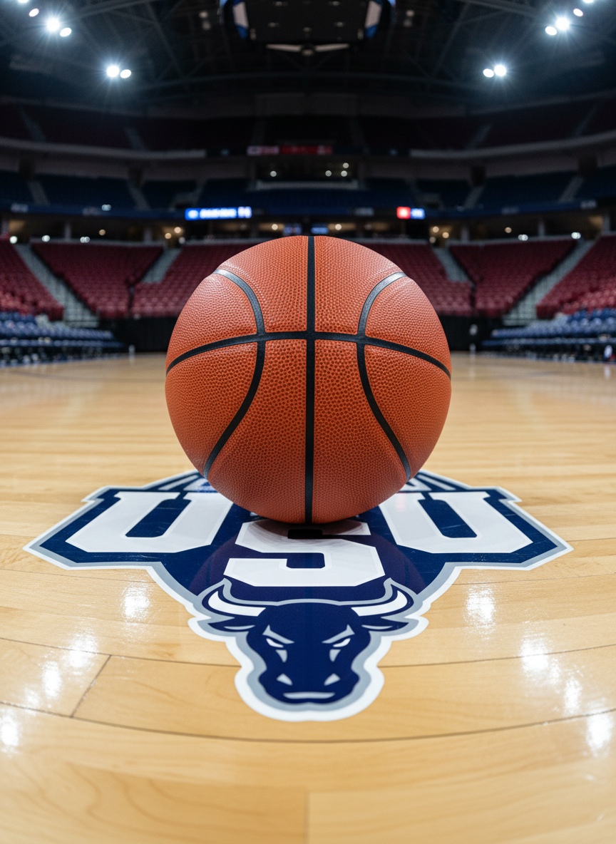 A pristine, brand-new NCAA-regulation basketball with deep pebble texture and crisp black channel lines rests at center court of an indoor arena. The hardwood floor features a bold, navy and white Utah State logo beneath the ball, its lacquered surface reflecting subtle highlights. Overhead arena lights create clean, even illumination with gentle reflections stretching outward from the ball, suggesting a professional, high-stakes environment. The distant stands are softly blurred, emphasizing the ball and logo in sharp focus. Photographic realism, shot from a low, eye-level angle with a slightly wide lens, creating a professional, authoritative mood that feels like the beginning of a storied collegiate and professional career.