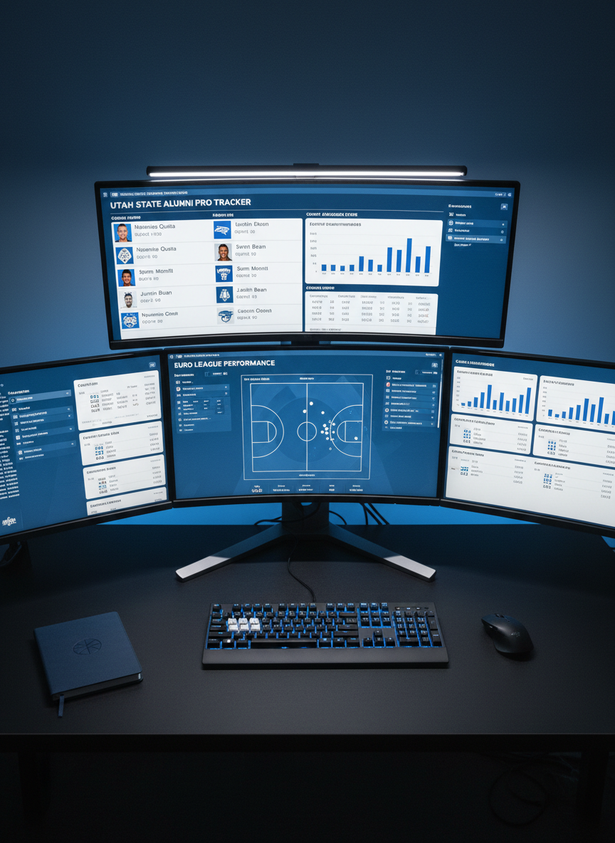 A high-resolution, overhead view of a professional scouting and analytics workstation dedicated to tracking Utah State alumni in the pros. Multiple ultra-wide computer monitors display clean, blue-and-white dashboards of advanced basketball statistics, shot charts, and career timelines, all rendered in a modern UI style. A sleek mechanical keyboard, wireless mouse, and a closed notebook with a small embossed basketball icon sit on a matte black desk surface. Cool, even LED desk lighting and faint ambient glow from the monitors provide crisp, neutral illumination, with minimal reflections. Photographic realism, shot directly from above with precise, sharp detail, creating a focused, data-driven, and highly professional atmosphere tailored to serious analysis.
