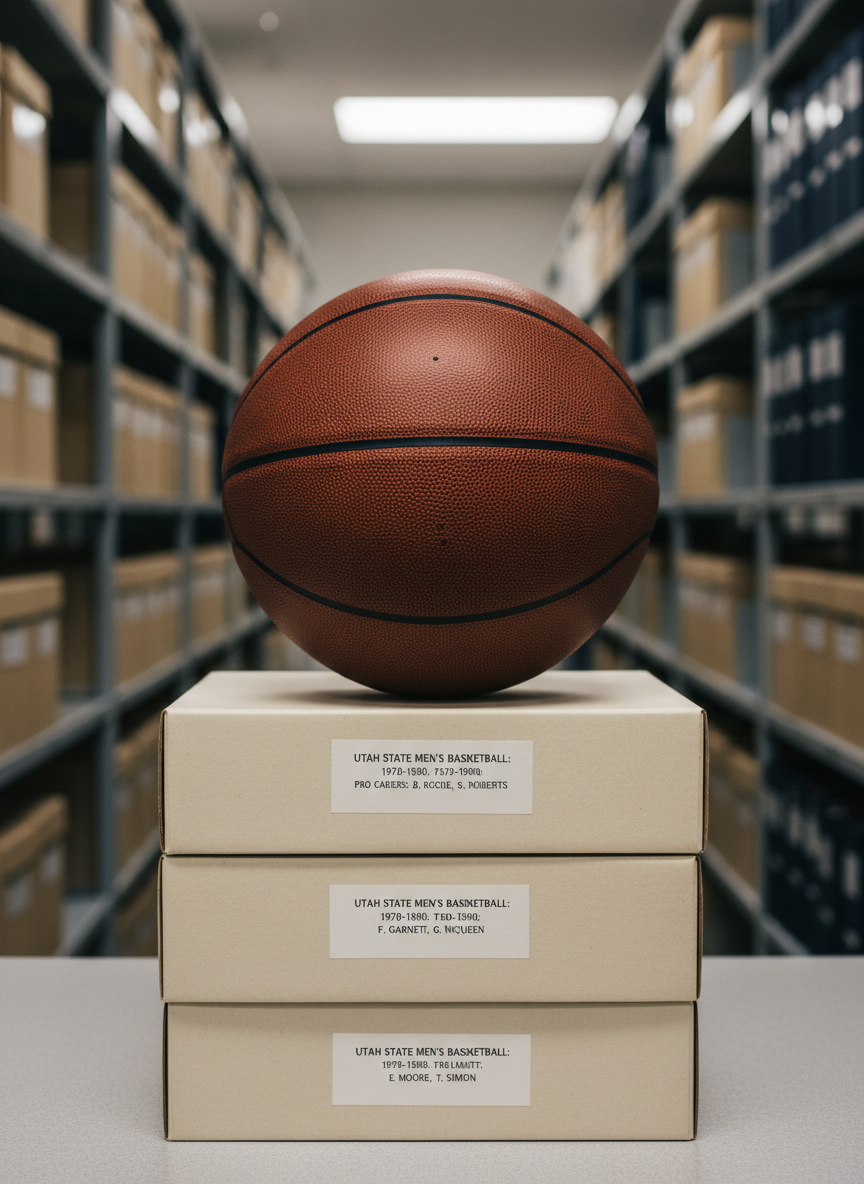 A vintage-but-pristine leather basketball, slightly darker from age, rests atop a neatly stacked set of archival storage boxes labeled with years and seasons of Utah State men’s basketball history. Each acid-free box has a small, typewritten label indicating specific eras and notable pro careers. The scene is set in a quiet, climate-controlled archive room with metal shelving in the softly blurred background. Overhead fluorescent lights provide gentle, even illumination, revealing the patina and fine creases of the leather while casting soft, unobtrusive shadows. Photographic realism, composed at eye level with the ball and labels in sharp focus, evoking a sense of legacy, preservation, and respect for historical records.