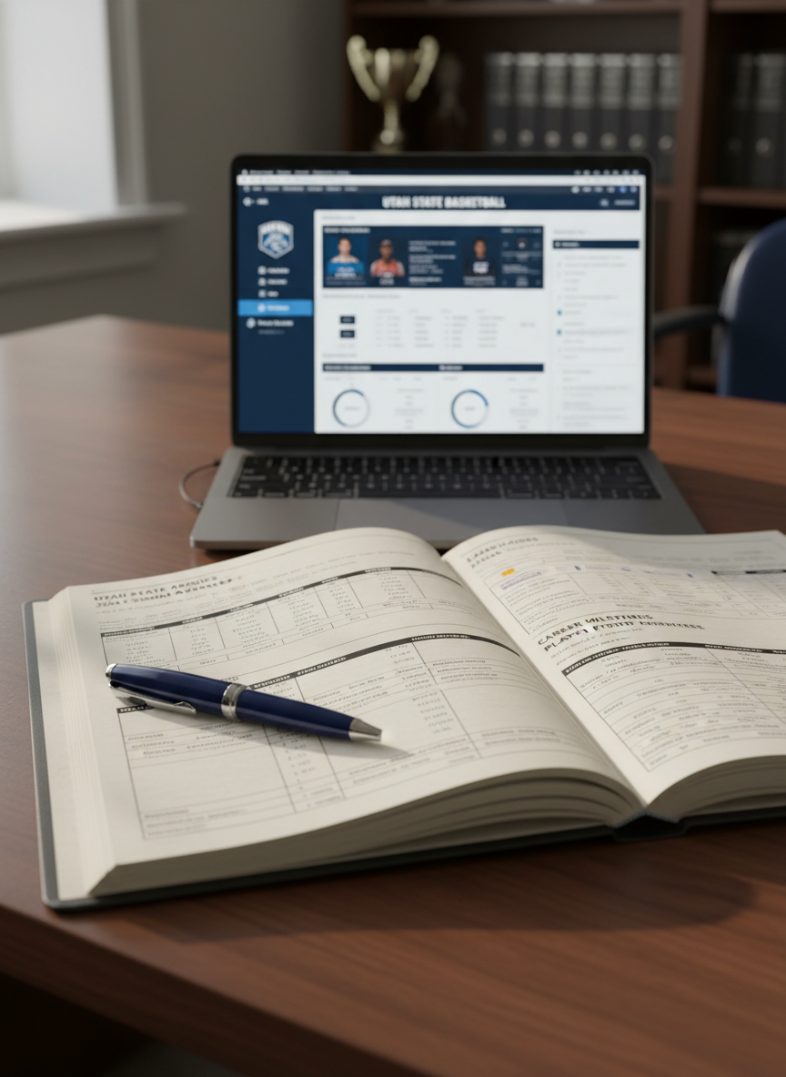 An open, meticulously organized basketball statistics binder lies on a clean, dark wood desk, its pages filled with neatly printed tables of season averages, game logs, and career milestones for Utah State players. A high-quality navy-and-silver pen rests across the margin, and a slim laptop with a glowing basketball database dashboard sits just beyond. Soft, diffused daylight from an unseen window to the left casts gentle, natural shadows and subtle highlights on the paper texture and metallic pen clip. The background fades into a tasteful blur of office shelves and binders. Photographic realism, shot from a slightly elevated angle with shallow depth of field, conveying a professional, analytical atmosphere focused on precise record-keeping.